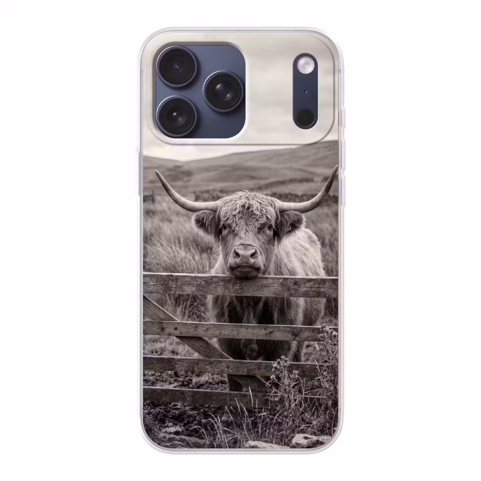 Telefoonhoesje Softcase - Schotse hooglander - Zwart - Wit - Hout — 1