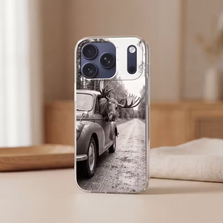 Telefoonhoesje Softcase - Eland - Auto - Gewei - Zwart - Wit — 3