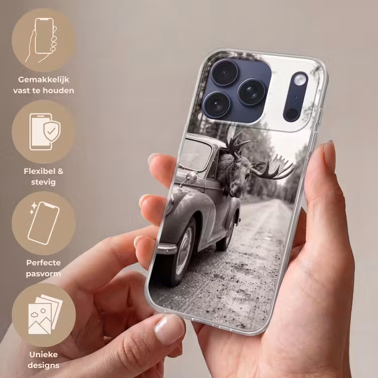 Telefoonhoesje Softcase - Eland - Auto - Gewei - Zwart - Wit — 4