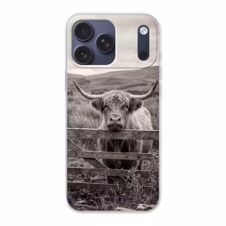 Telefoonhoesje Softcase - Schotse hooglander - Zwart - Wit - Hout — 1