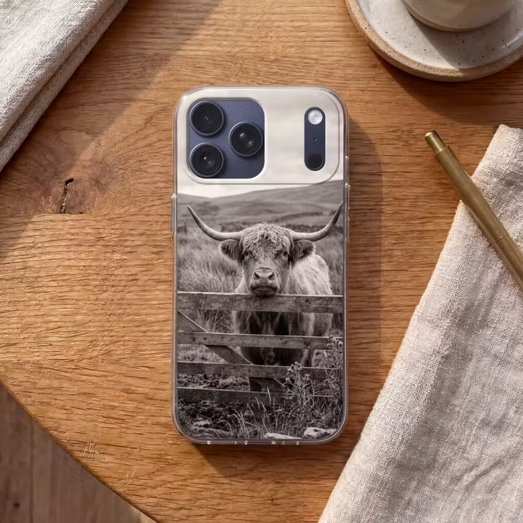 Telefoonhoesje Softcase - Schotse hooglander - Zwart - Wit - Hout — 2