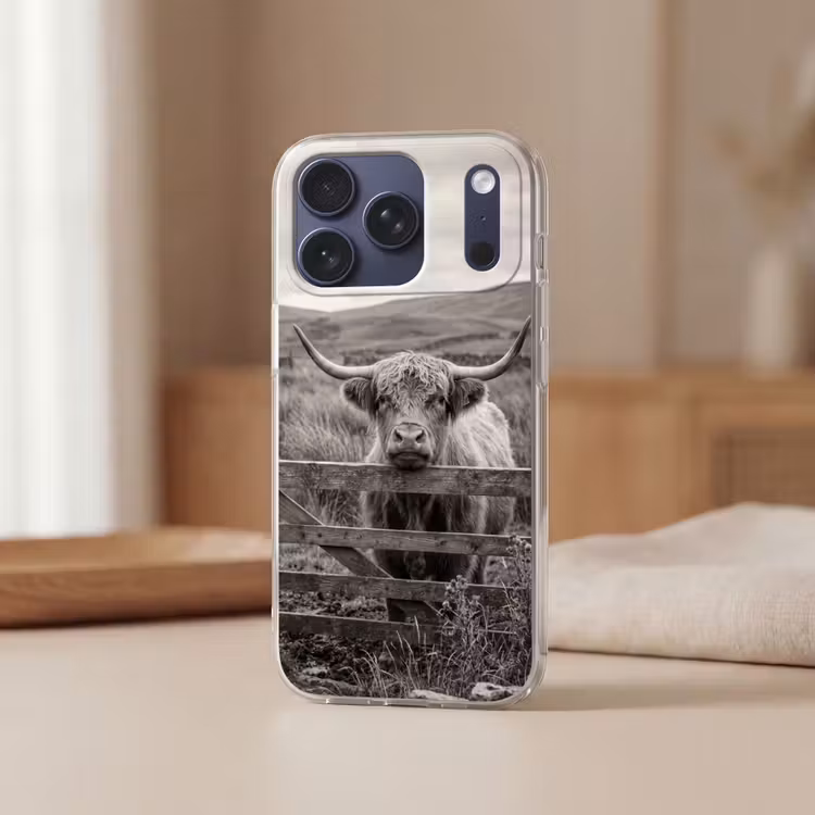 Telefoonhoesje Softcase - Schotse hooglander - Zwart - Wit - Hout — 3