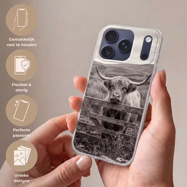 Telefoonhoesje Softcase - Schotse hooglander - Zwart - Wit - Hout — 4
