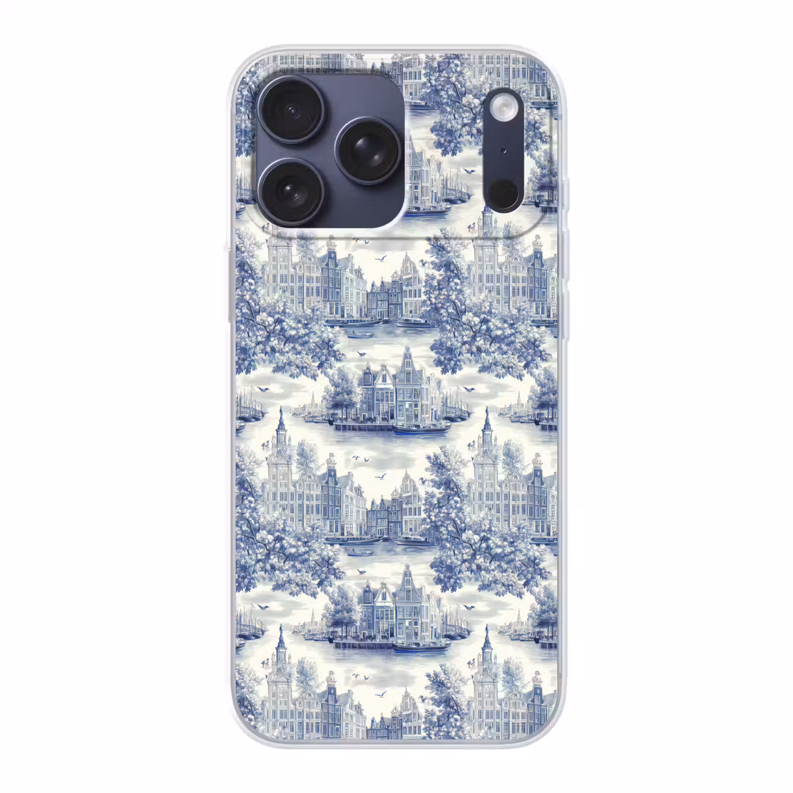 Telefoonhoesje Softcase - Huizen - Bomen - Water - Vogels - Blauw — 1