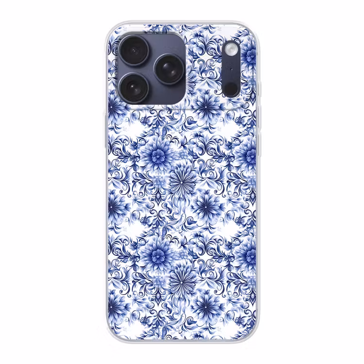 Telefoonhoesje Softcase - Bloemen - Blauw - Patroon - Wit — 1