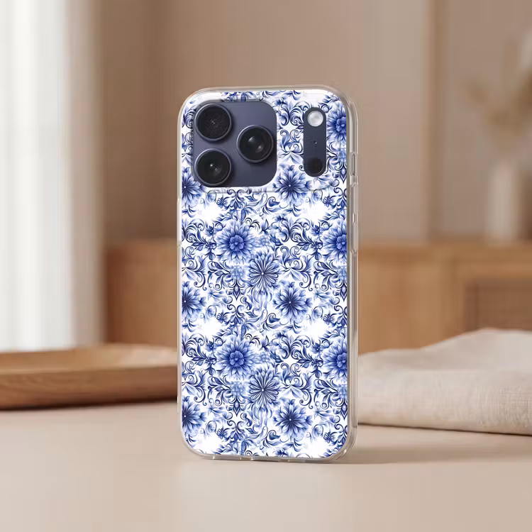Telefoonhoesje Softcase - Bloemen - Blauw - Patroon - Wit — 3