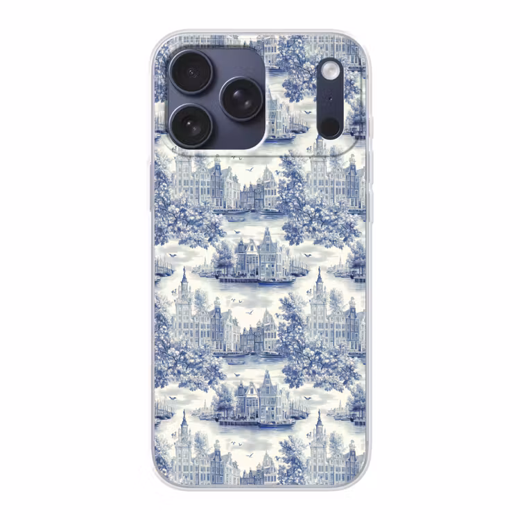 Telefoonhoesje Softcase - Huizen - Bomen - Water - Vogels - Blauw — 1