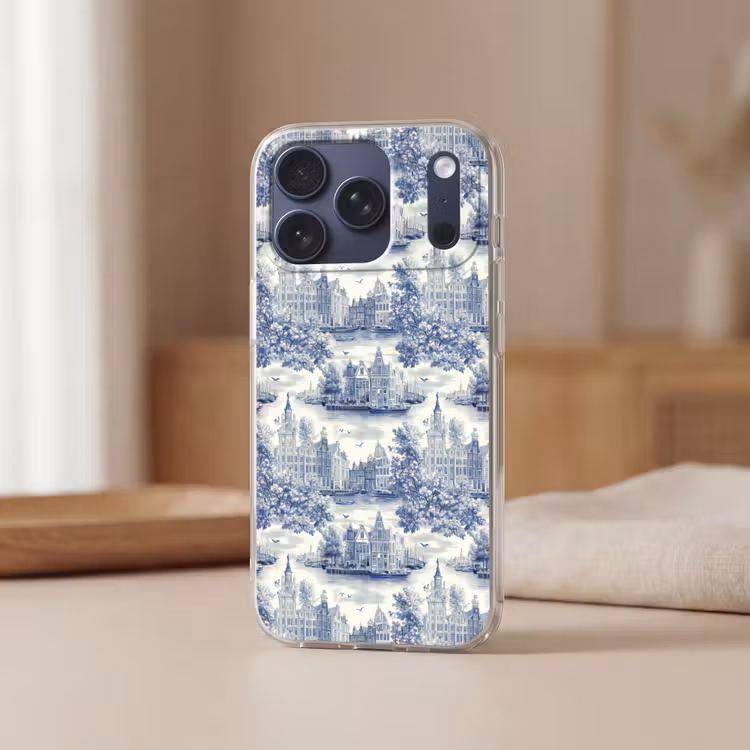 Telefoonhoesje Softcase - Huizen - Bomen - Water - Vogels - Blauw — 3