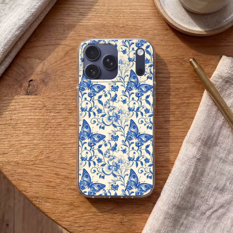 Telefoonhoesje Softcase - Vlinders - Bloemen - Blauw - Botanisch — 2