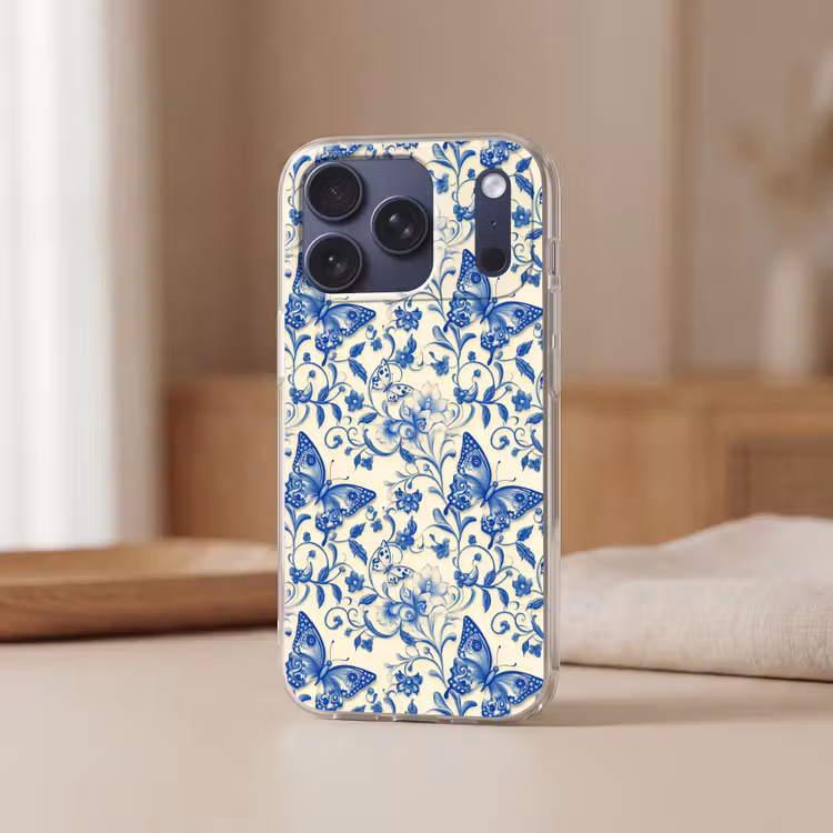 Telefoonhoesje Softcase - Vlinders - Bloemen - Blauw - Botanisch — 3