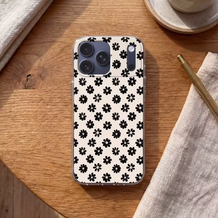 Telefoonhoesje Softcase - Grafisch - Madeliefjes - Zwart - Beige — 2