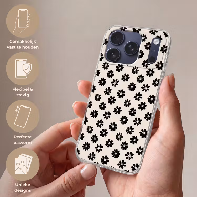 Telefoonhoesje Softcase - Grafisch - Madeliefjes - Zwart - Beige — 4