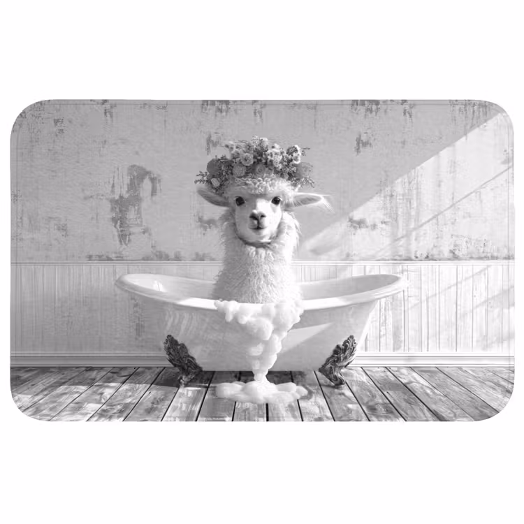 Wc Mat - Alpaca - Bloemen - Dier - Bad - Zwart - Wit — 1