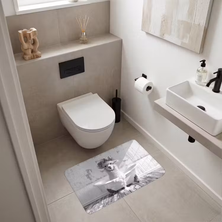 Wc Mat - Alpaca - Bloemen - Dier - Bad - Zwart - Wit — 6