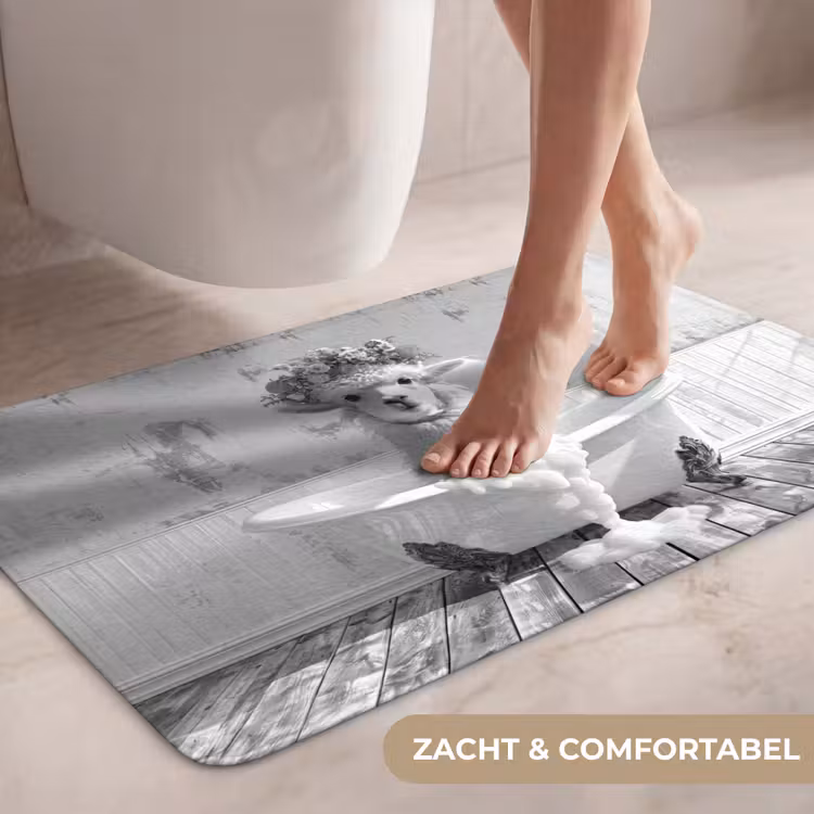 Wc Mat - Alpaca - Bloemen - Dier - Bad - Zwart - Wit — 7