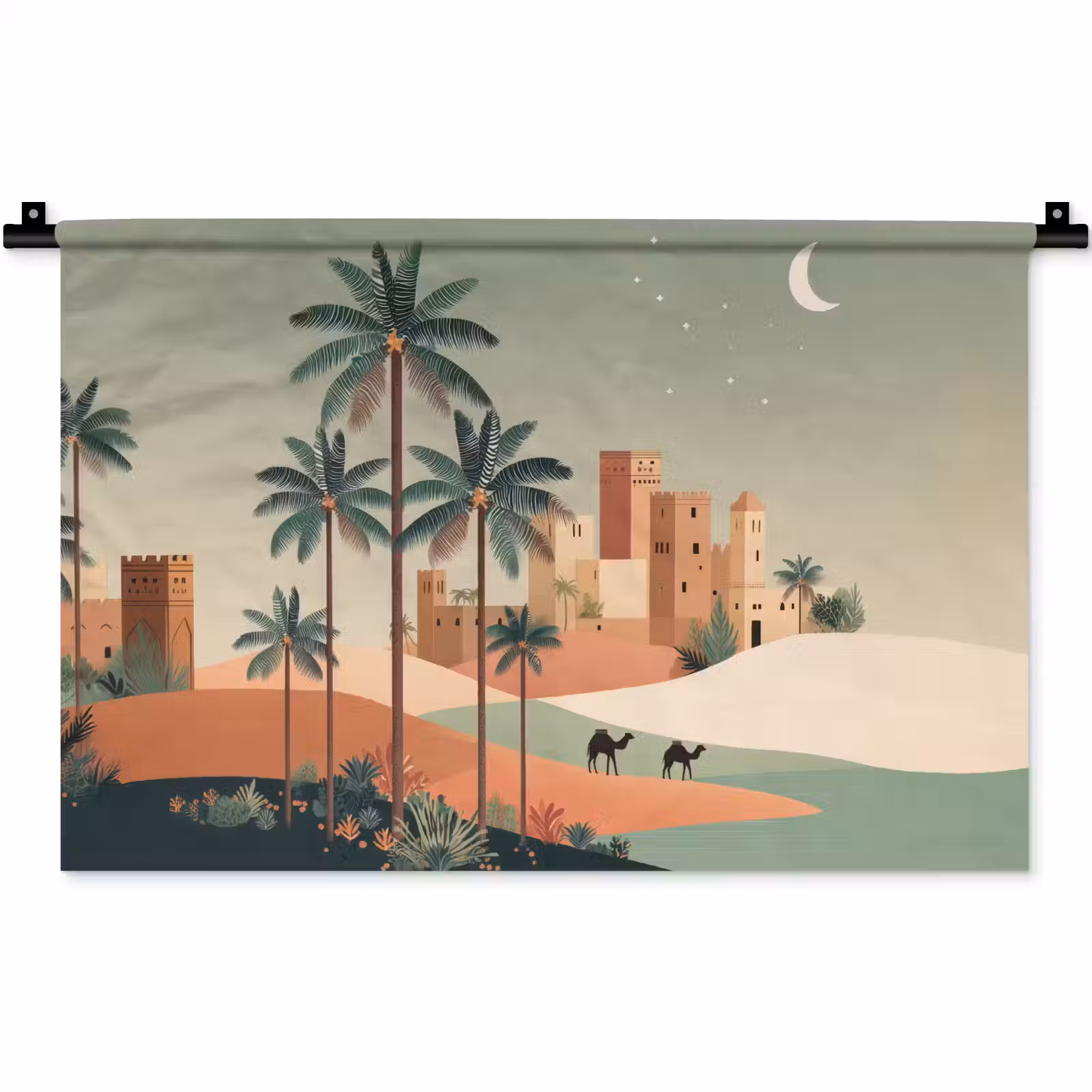 Wandkleed - Nachtlandschap - Kamelen - Sterren - zandduinden — 1
