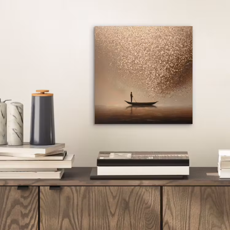 Aluminium schilderij - Bootje - Blaadjes - Goud - Water — 2