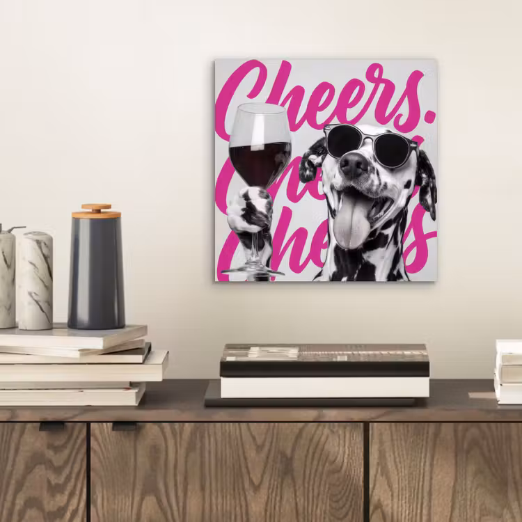 Aluminium schilderij - Cheers - Hond - Roze - Wijn — 2