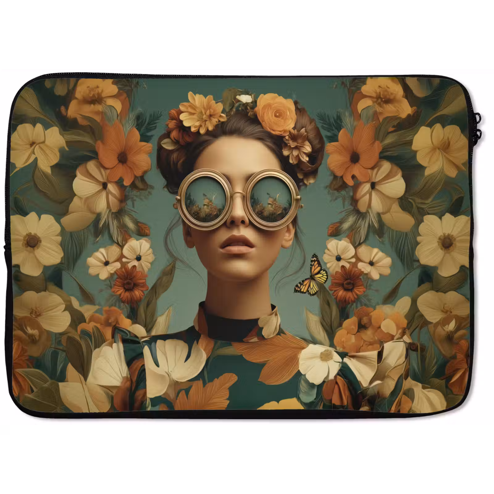 Laptophoes - Bloemenkrans - Vrouwengezicht - Zonnebril - Oranje — 1