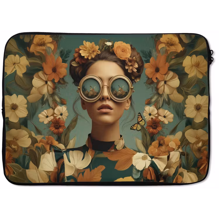 Laptophoes - Bloemenkrans - Vrouwengezicht - Zonnebril - Oranje — 1