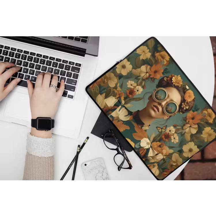Laptophoes - Bloemenkrans - Vrouwengezicht - Zonnebril - Oranje — 3
