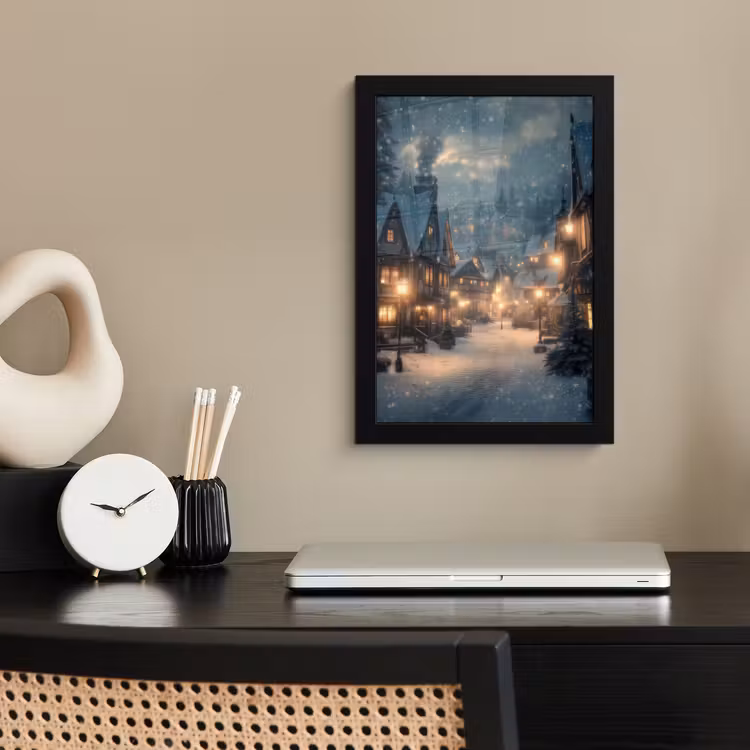 Poster met lijst - Winterdorp - Sneeuw - Donker — 2