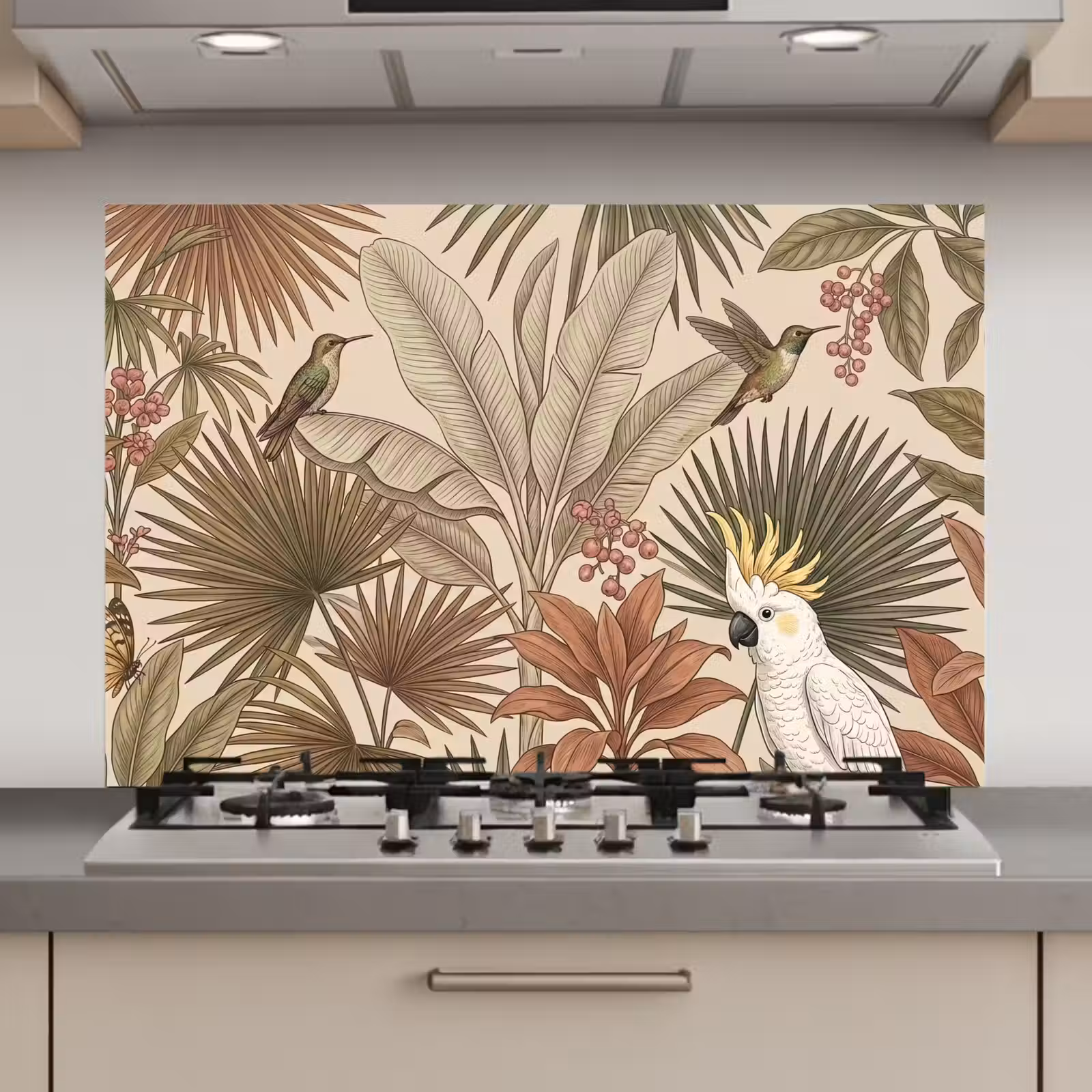 Spatscherm keuken - Tropisch - Vogels - Beige — 1