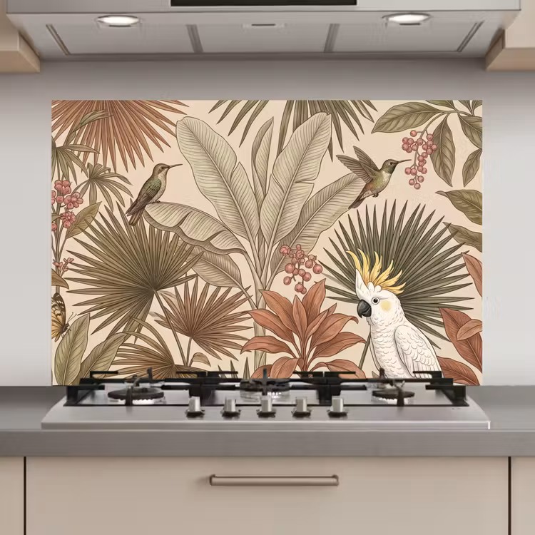 Spatscherm keuken - Tropisch - Vogels - Beige