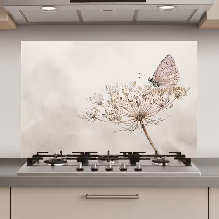 Spatscherm keuken - Vlinder - Bloem -Natuur - Beige