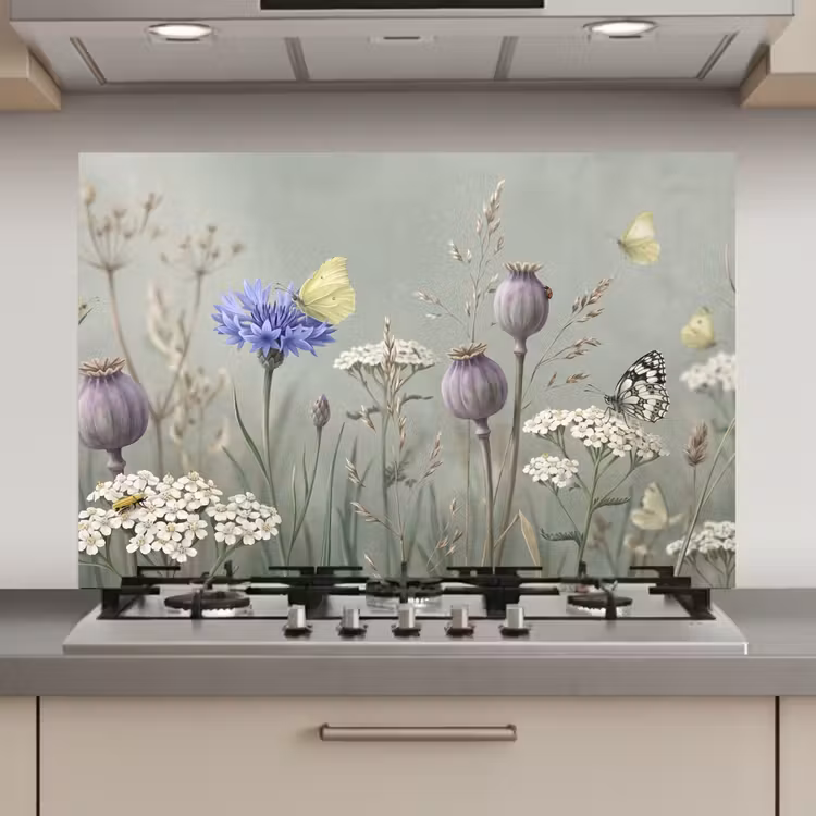 Spatscherm keuken - Vlinders - Wildbloemen - Illustratie - Kleurrijk