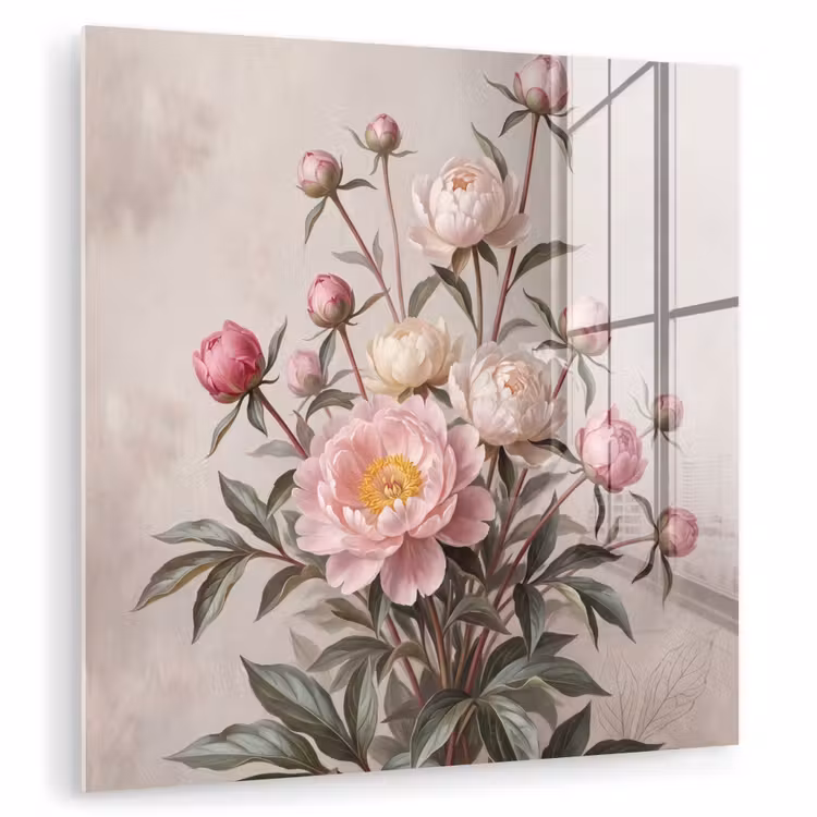 Glas schilderij - Pioenrozen - Boeket - Roze