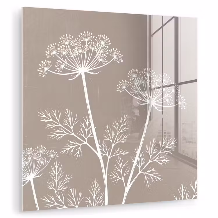 Glas schilderij - Grafisch - Fluitenkruid - Taupe