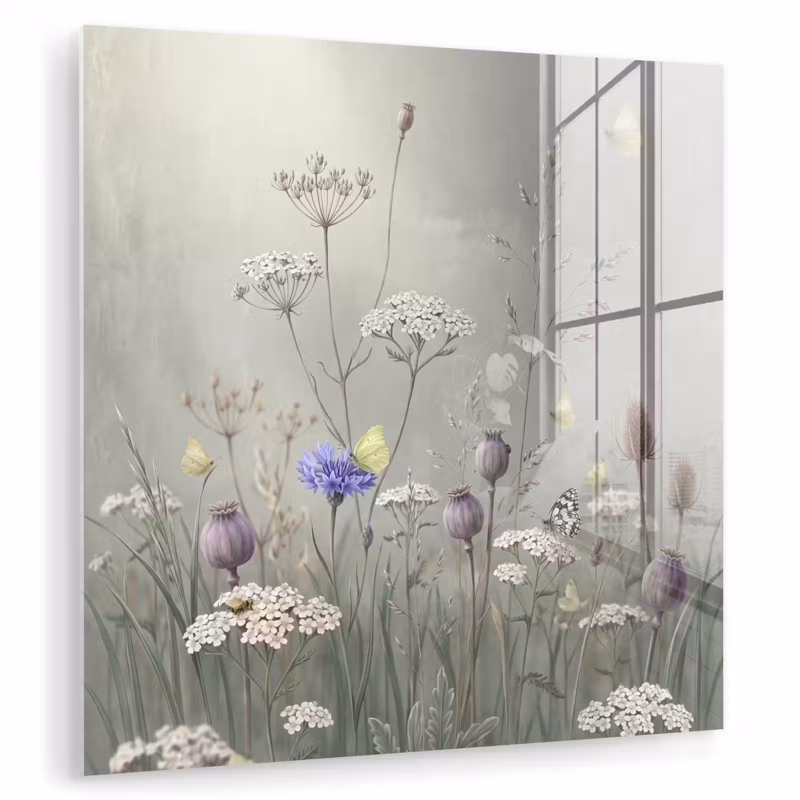 Glas schilderij - Vlinders - Wildbloemen - Illustratie - Kleurrijk — 1