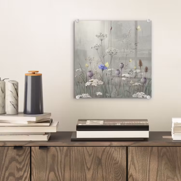 Glas schilderij - Vlinders - Wildbloemen - Illustratie - Kleurrijk — 2