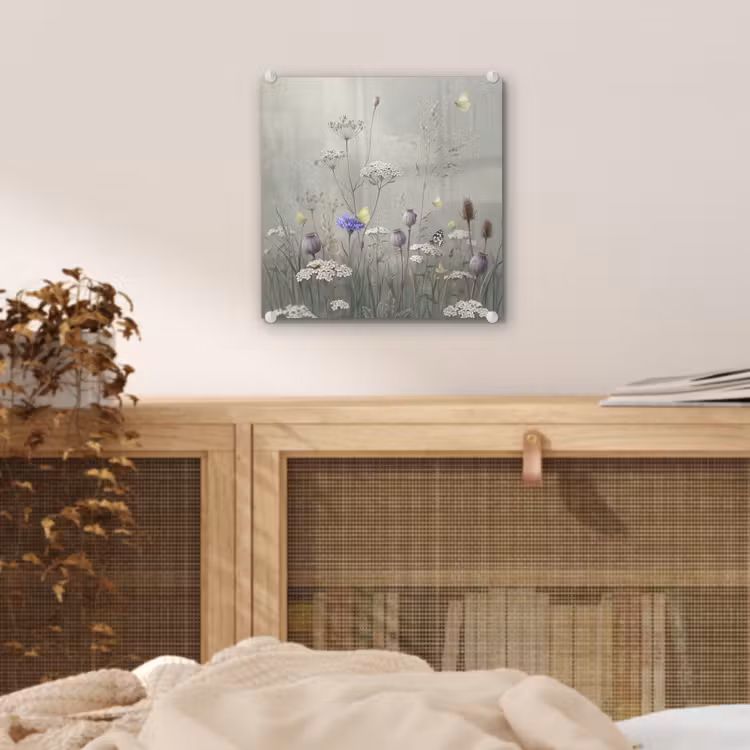 Glas schilderij - Vlinders - Wildbloemen - Illustratie - Kleurrijk — 5