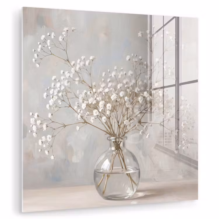 Glas schilderij - Vaas - Gipskruid - Wit