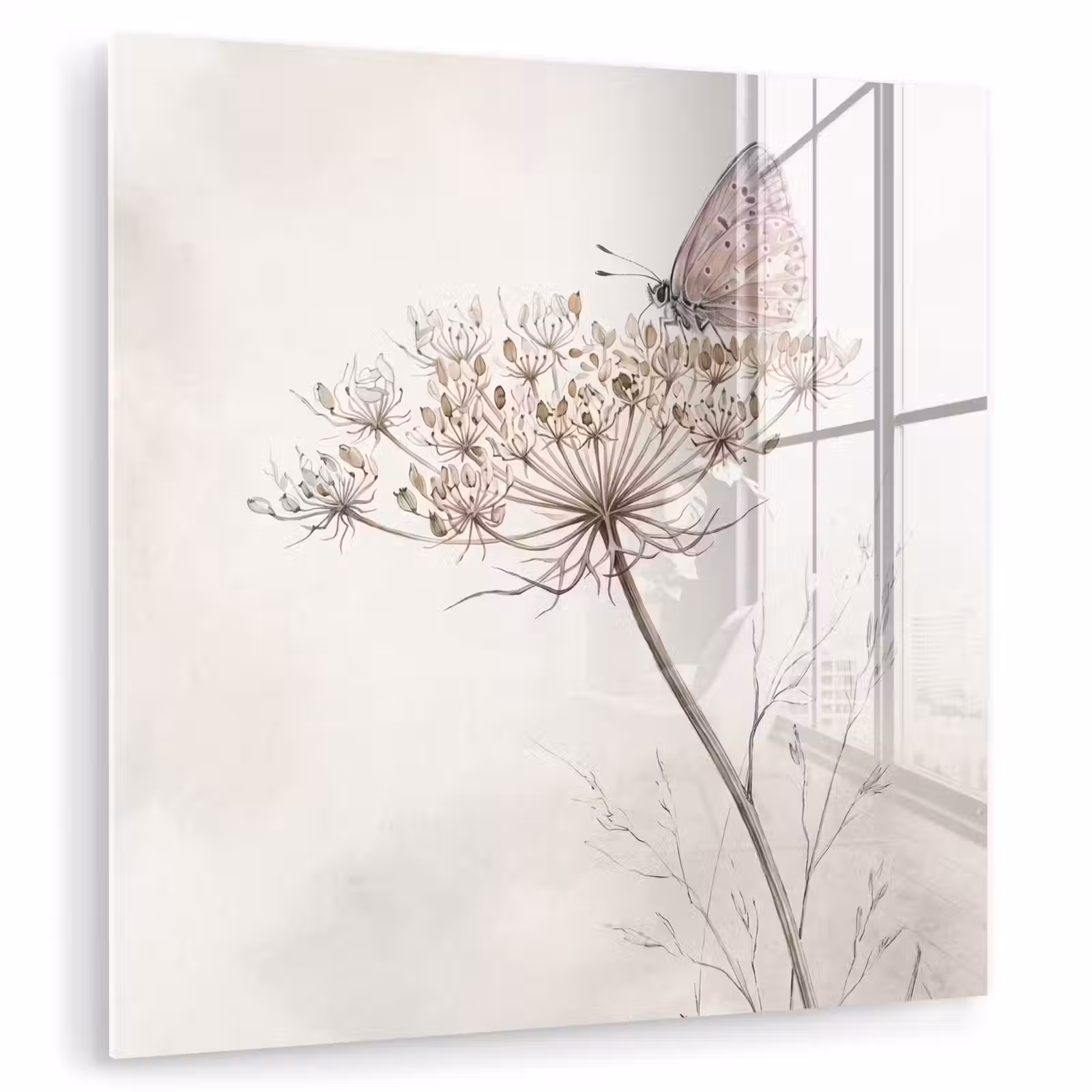 Glas schilderij - Vlinder - Bloem -Natuur - Beige — 1