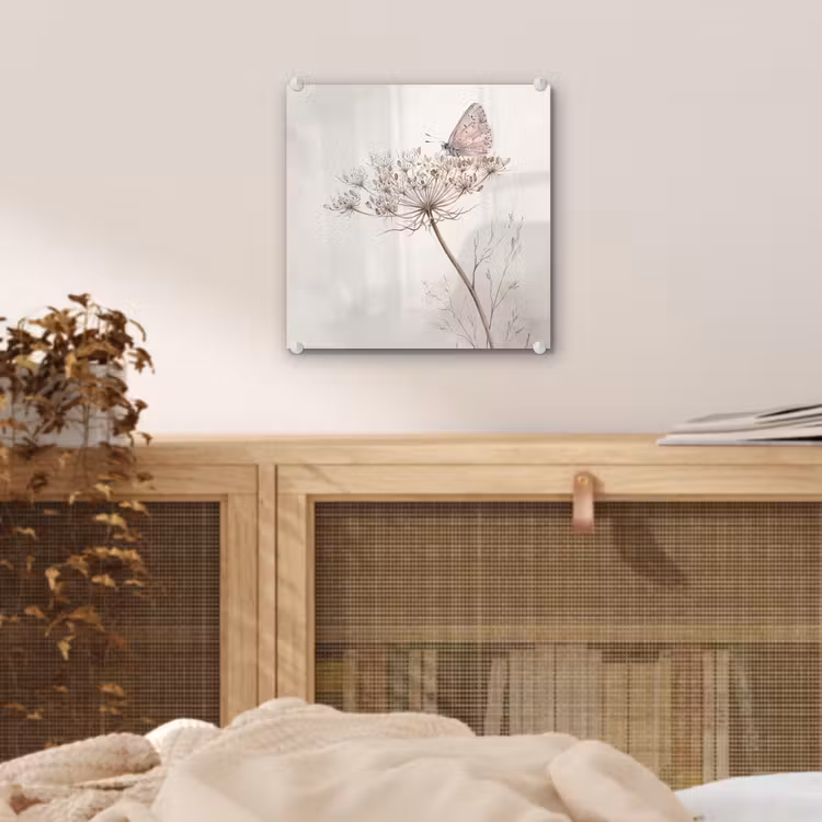 Glas schilderij - Vlinder - Bloem -Natuur - Beige — 5