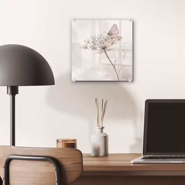 Glas schilderij - Vlinder - Bloem -Natuur - Beige — 7