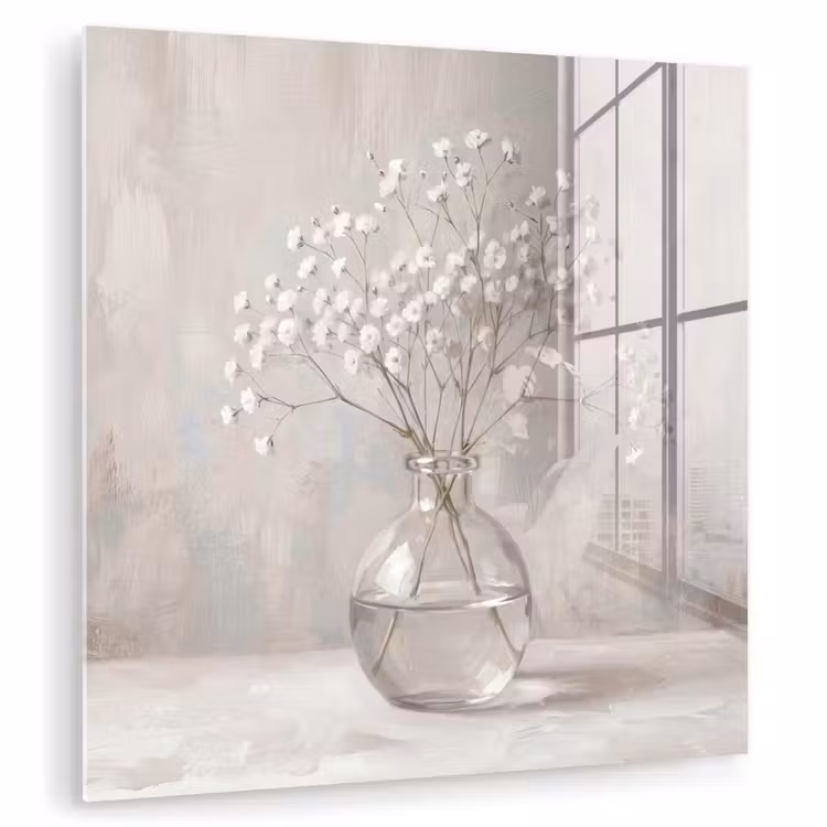 Glas schilderij - Gipskruid - Vaas - Wit