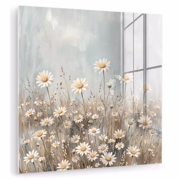 Glas schilderij - Madelief - Illustratie - Wit