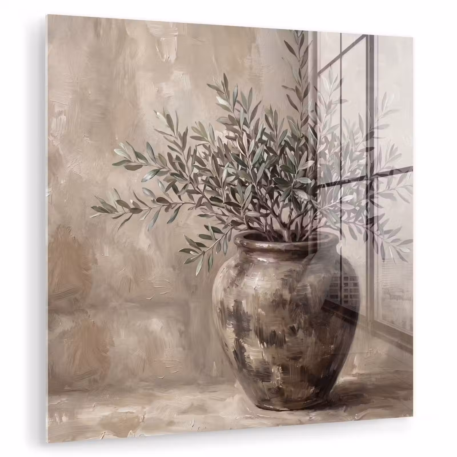 Glas schilderij - Olijfplant - Aardenpot - Abstract - Beige — 1