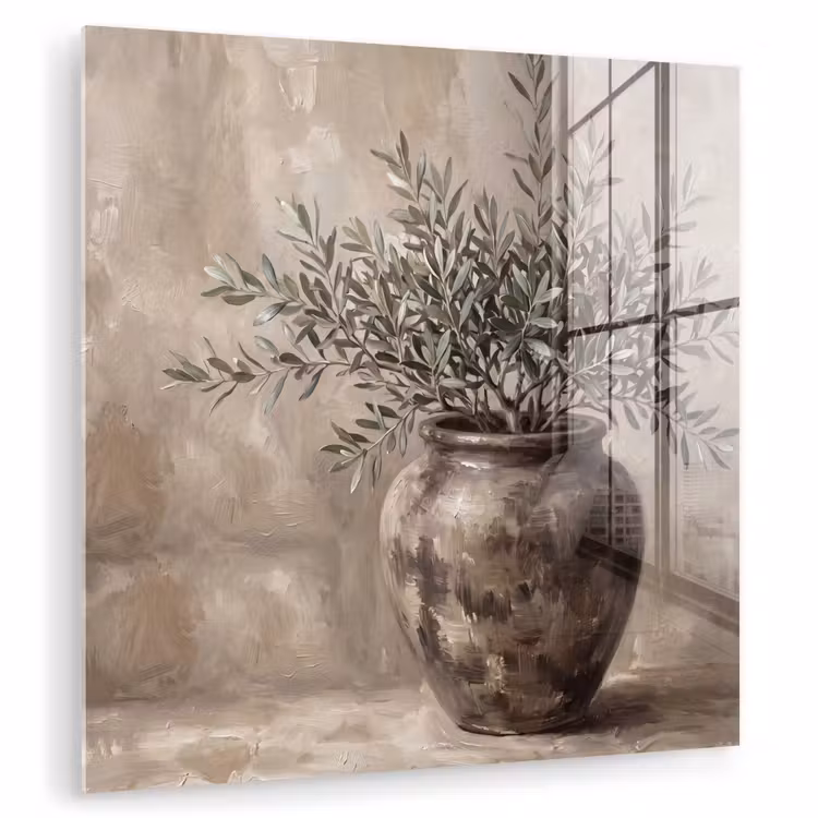Glas schilderij - Olijfplant - Aardenpot - Abstract - Beige