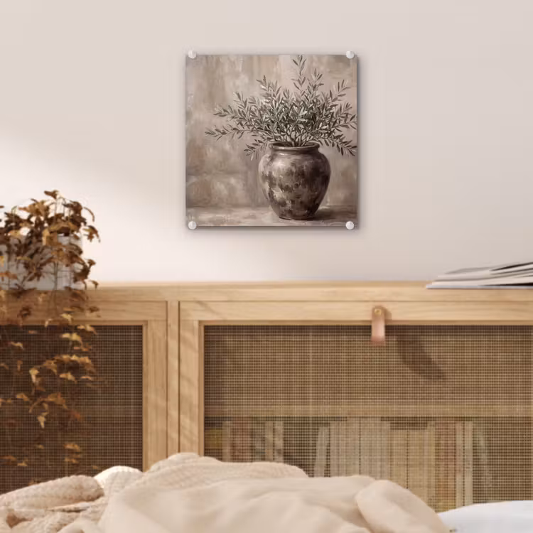 Glas schilderij - Olijfplant - Aardenpot - Abstract - Beige — 5