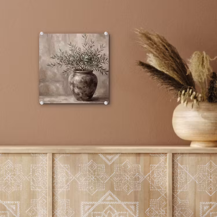 Glas schilderij - Olijfplant - Aardenpot - Abstract - Beige — 6