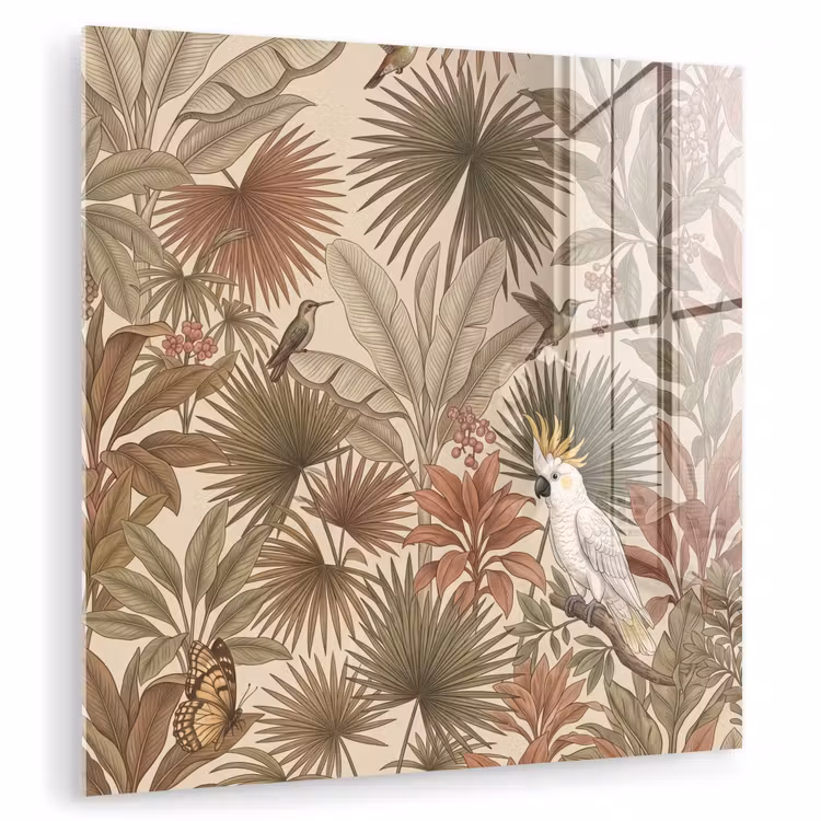Glas schilderij - Tropisch - Vogels - Beige