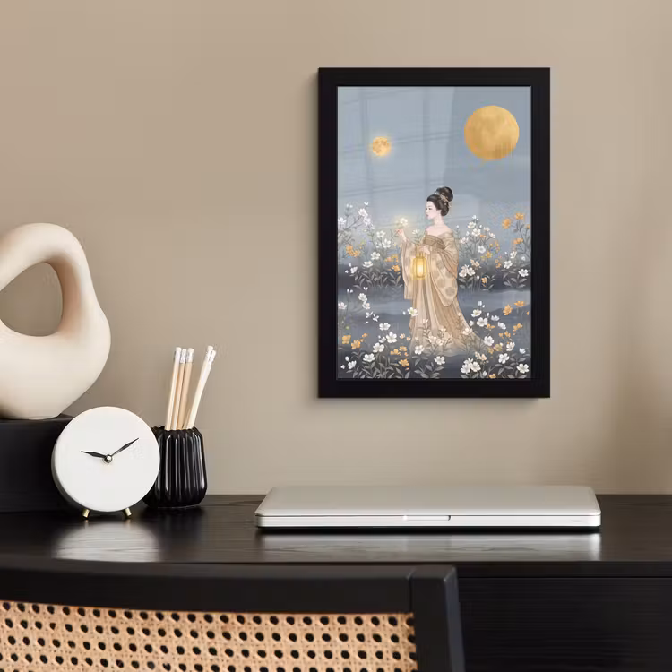 Poster met lijst - Aziatische Vrouw met Lantaarn Bloemen — 2