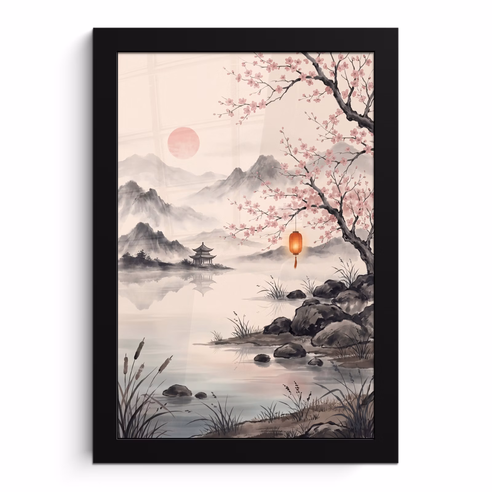 Poster met lijst - Japans Landschap Kersenbloesem Lantaarn — 1