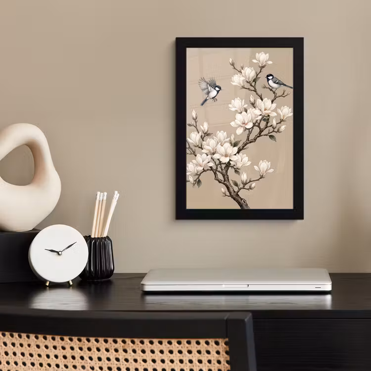 Poster met lijst - Magnolia Takken met Vogels Beige — 2