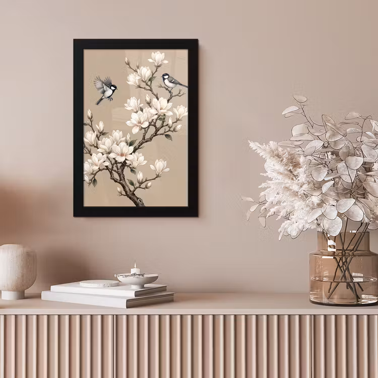 Poster met lijst - Magnolia Takken met Vogels Beige — 5